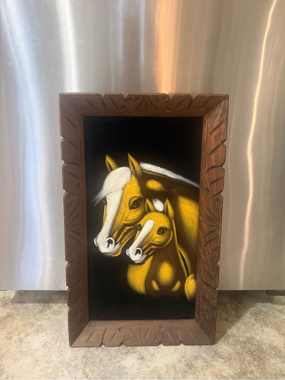 Vintage Golden Foal & Mare Velvet Painting in Carved Wood Frame EUC